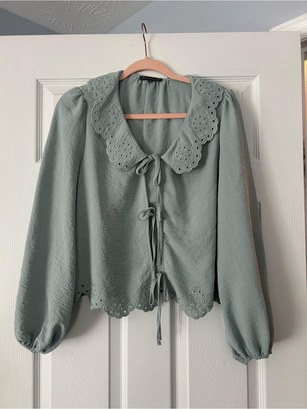 Adrianna Papell Sage Green Eyelet Tie-Front Blouse